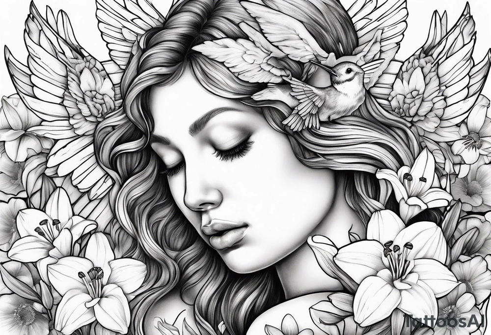 crying angel surrounded by lily, daffodil, rose, daisy, narcissus with a hummingbird tattoo idea
