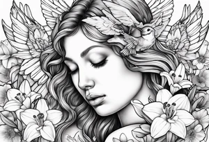crying angel surrounded by lily, daffodil, rose, daisy, narcissus with a hummingbird tattoo idea