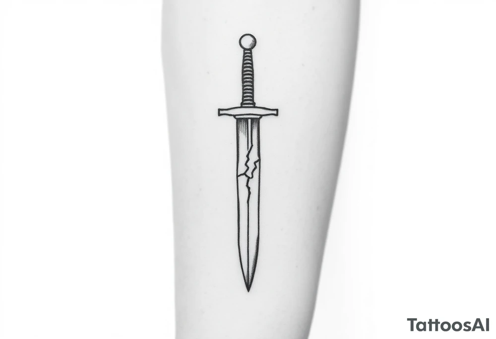 Black and white tattoo sketch of a sword cracked in the middle but reforged with glowing seams. The words “Iron Sharpens Iron” etched into the hilt. Bold lines, no shading, forearm tattoo. tattoo idea