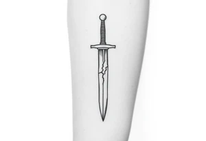 Black and white tattoo sketch of a sword cracked in the middle but reforged with glowing seams. The words “Iron Sharpens Iron” etched into the hilt. Bold lines, no shading, forearm tattoo. tattoo idea