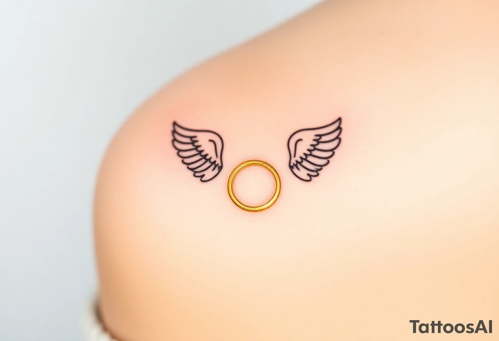 A golden wedding band floating within an angelic halo, glowing softly. tattoo idea