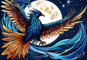 phoenix sur une lune bleu tattoo idea