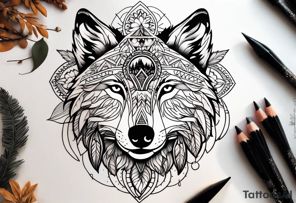 A whimsical wolf tattoo featuring mandala or dream catcher elements, with the wolf as the central focus, surrounded by mountains in the background. Include flowers and nature elements to fill the space around the wolf. Some color but not completely solid bold color tattoo idea