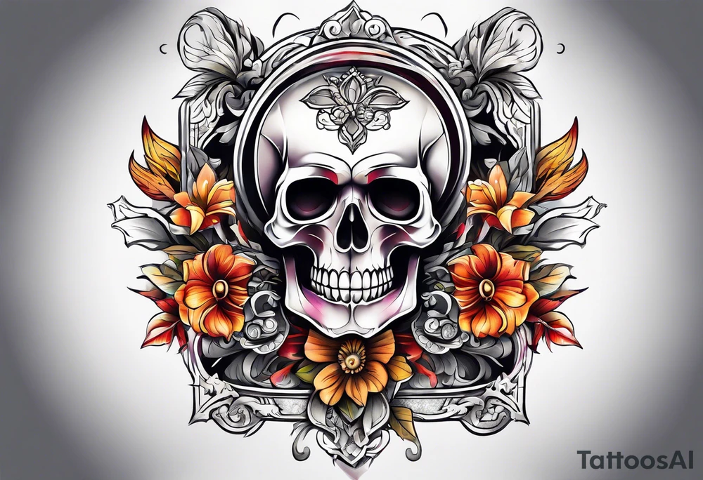 Knee tattoo with skulls, flower shapes and fall colors tattoo idea