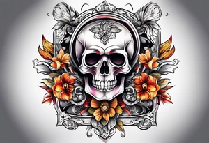 Knee tattoo with skulls, flower shapes and fall colors tattoo idea