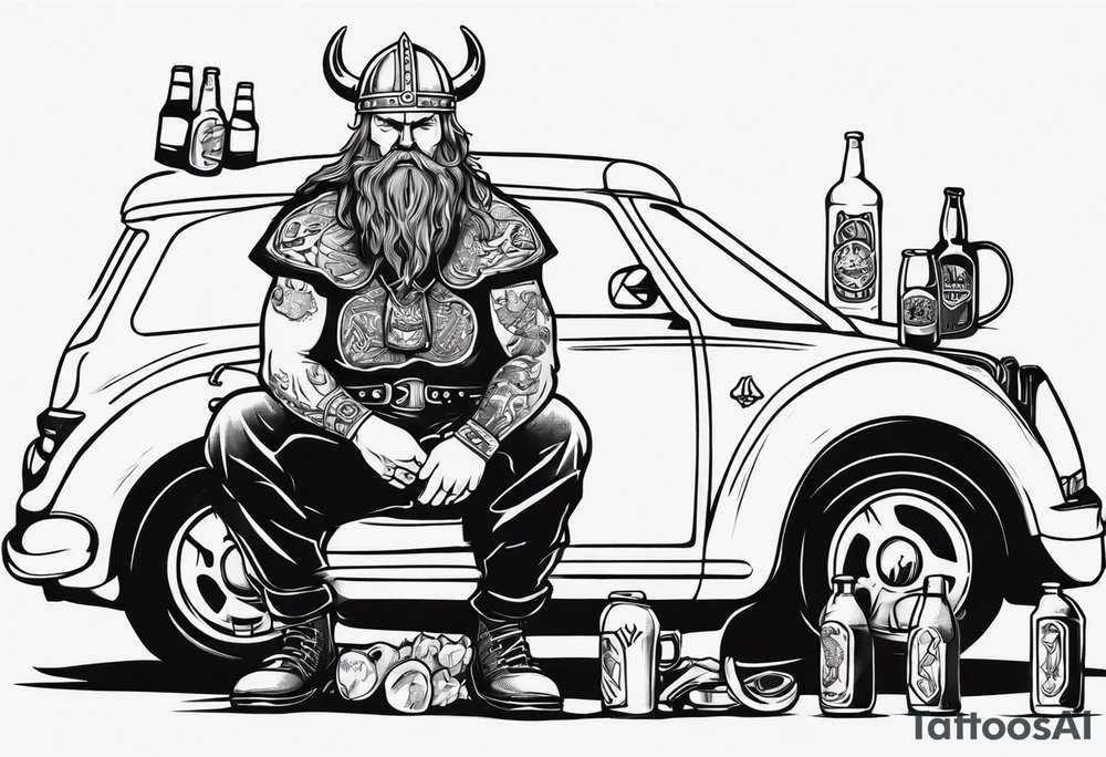 A Viking drinking a beer sitting next to a car tattoo idea