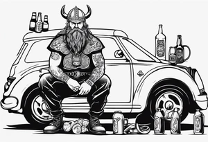 A Viking drinking a beer sitting next to a car tattoo idea