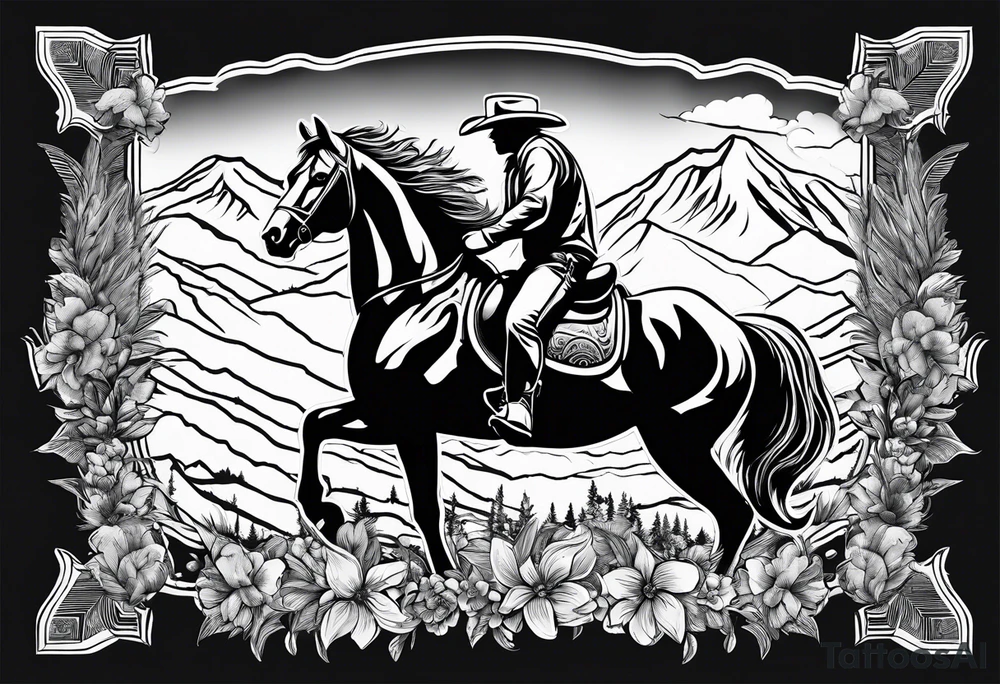 bucking horse, mountains background, feather, flowers, western tattoo idea