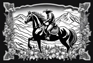 bucking horse, mountains background, feather, flowers, western tattoo idea