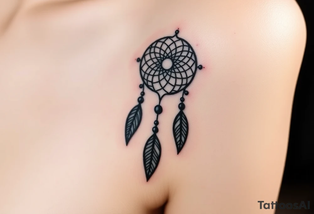 native dreamcatcher with flowing feathers and sacred beads tattoo idea