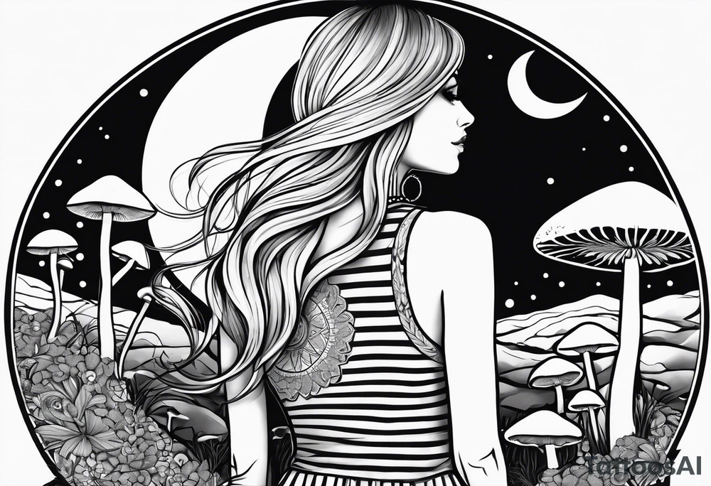 Straight blonde hair girl facing away toward mountains surrounded by mushrooms crescent moon mandala circular design black and white striped dress number 8 tattoo idea