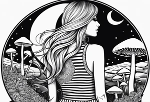 Straight blonde hair girl facing away toward mountains surrounded by mushrooms crescent moon mandala circular design black and white striped dress number 8 tattoo idea
