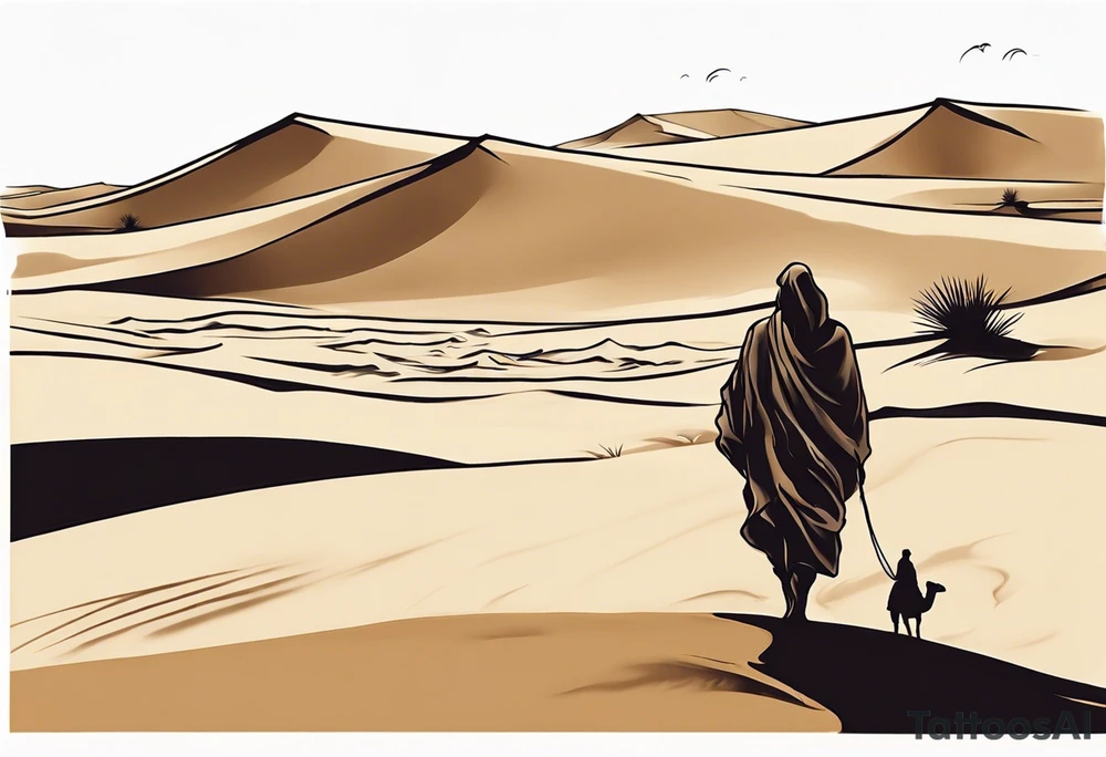 Design a tattoo depicting a distant view of a vast desert landscape with low, undulating sand dunes. Capture a man and his camel moving away, leaving footprints in the sand, both resilient against the harsh environment. The man covers his face with a long cloth, adding a sense of mystery and solitude to the scene. tattoo idea