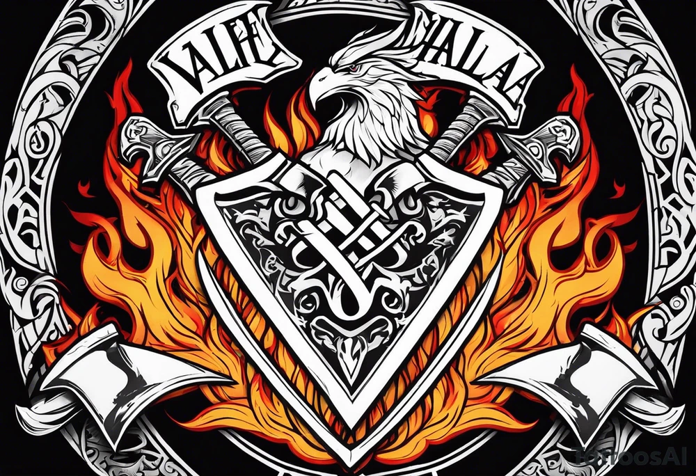 valhalla on fire sword shield axe tattoo idea