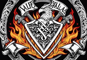 valhalla on fire sword shield axe tattoo idea