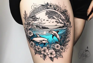 Dolphins beach ocean flowers trees turtles tattoo idea