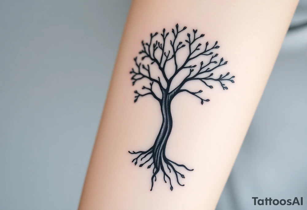 A black and gray realistic tree with engraved initials on the trunk, highlighting deep-rooted family connections tattoo idea