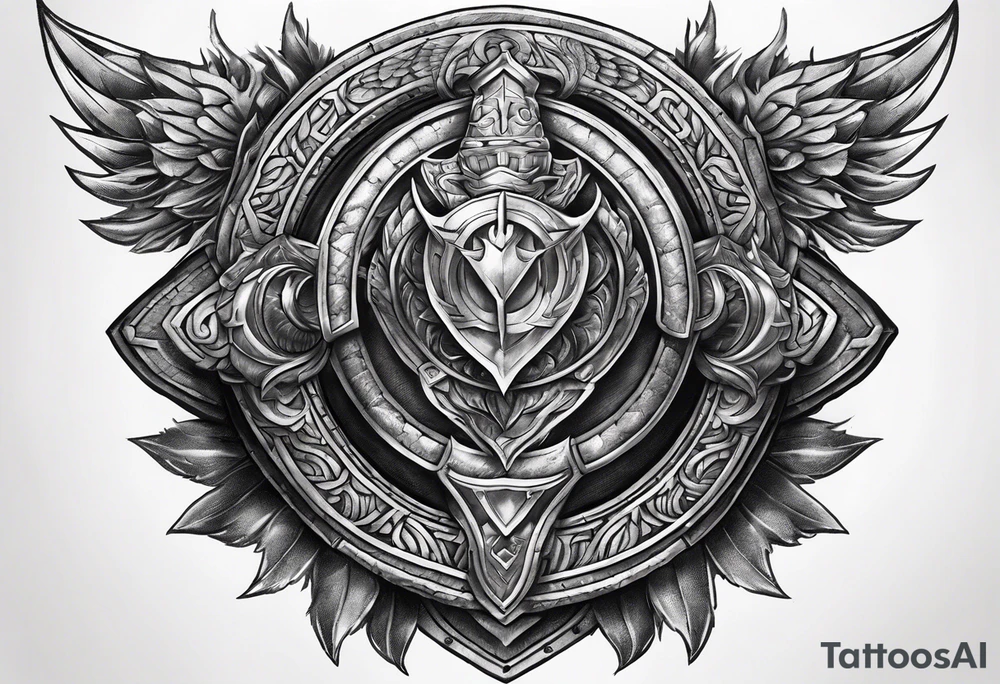 half sleeve, upper arm and shoulder, leather armor.  The crest on the shoulder is an ouroboros tattoo idea