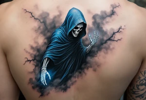 A blue-hooded Grim Reaper stepping out of a smoky gray mist with glowing white skeletal hands. tattoo idea