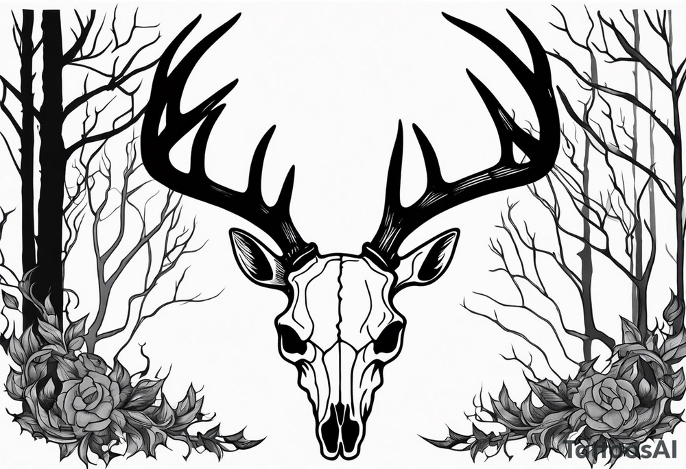 Halloween side view of a DECAYING deer skull JUST BONE surrounded by a flames and trees in background tattoo idea