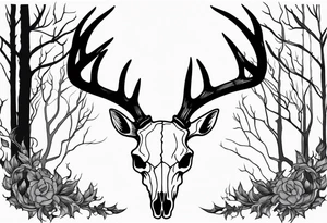 Halloween side view of a DECAYING deer skull JUST BONE surrounded by a flames and trees in background tattoo idea