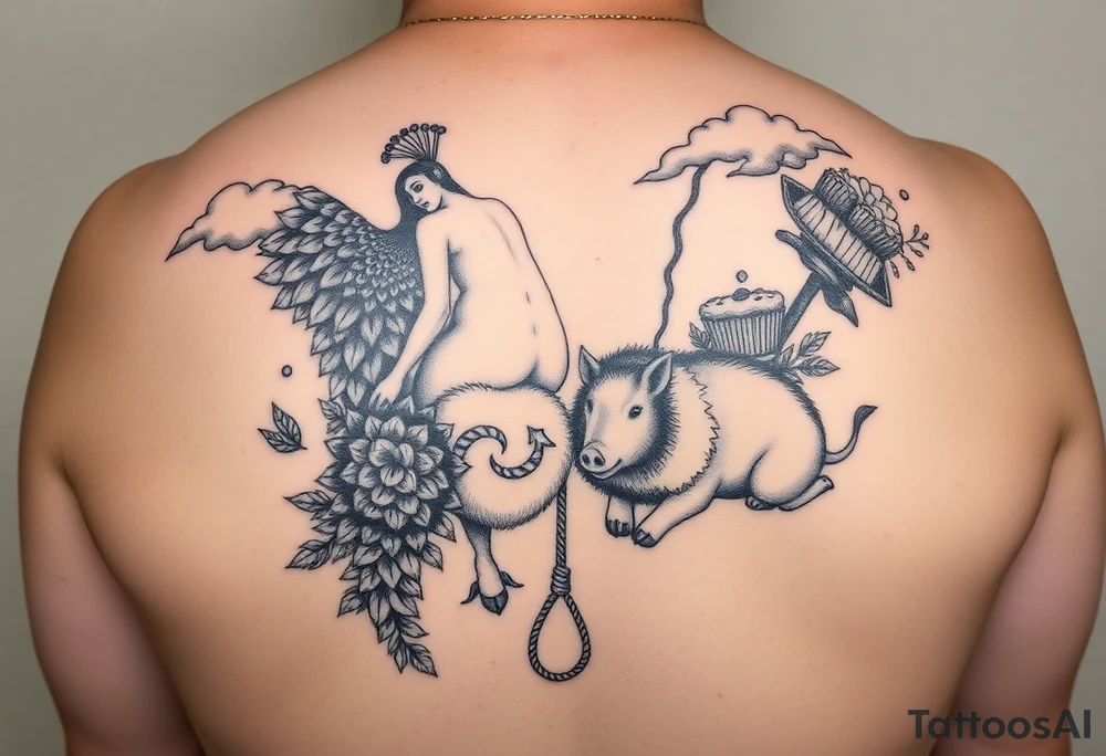 fat naked woman , peacock , pig ,cakes, liquor, cigerette, Storm clouds, pig, peacock , fat sexy naked fat woman, cupcakes, noose , money, goat lion, couple having sex, cigerette storm lightening, killing, darkness death, violent majestic creatures tattoo idea