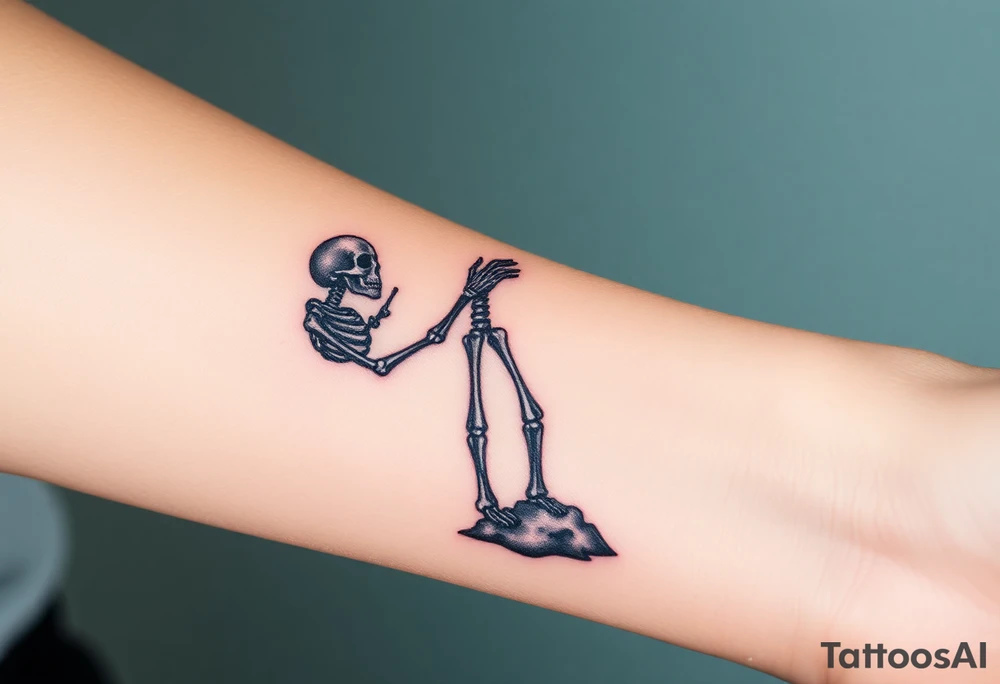 Skeleton reaching out towards a bright light but is stuck in a sludge tattoo idea