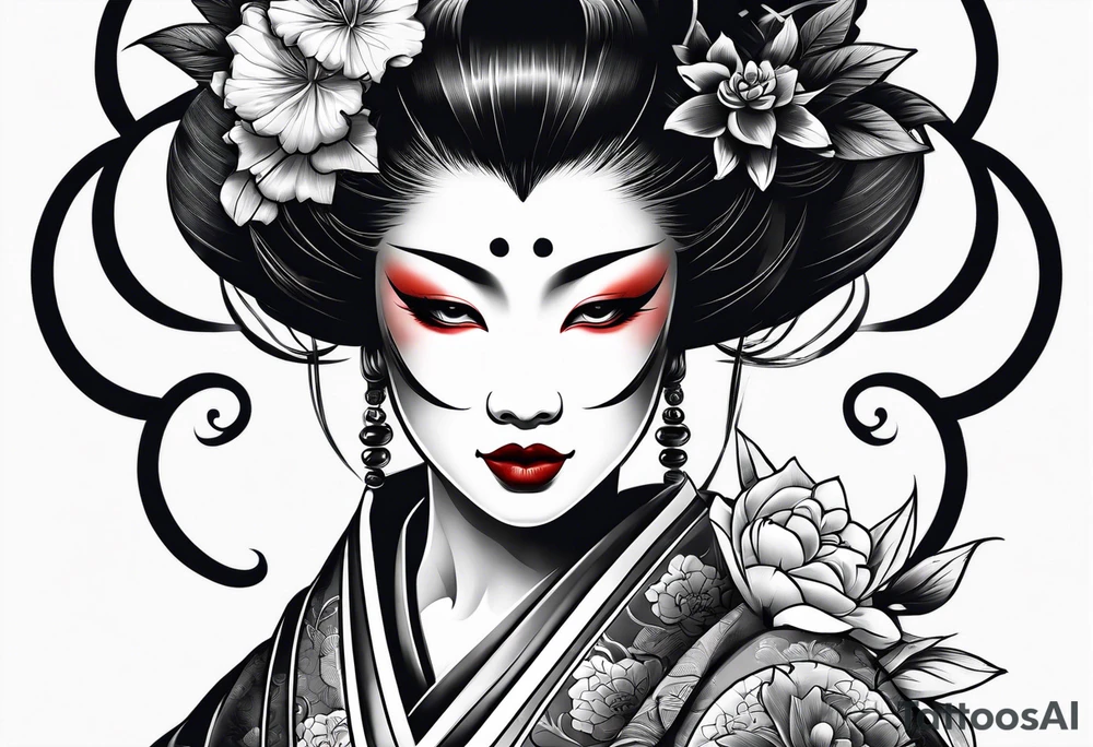 geisha with mask  oni  mask tattoo idea