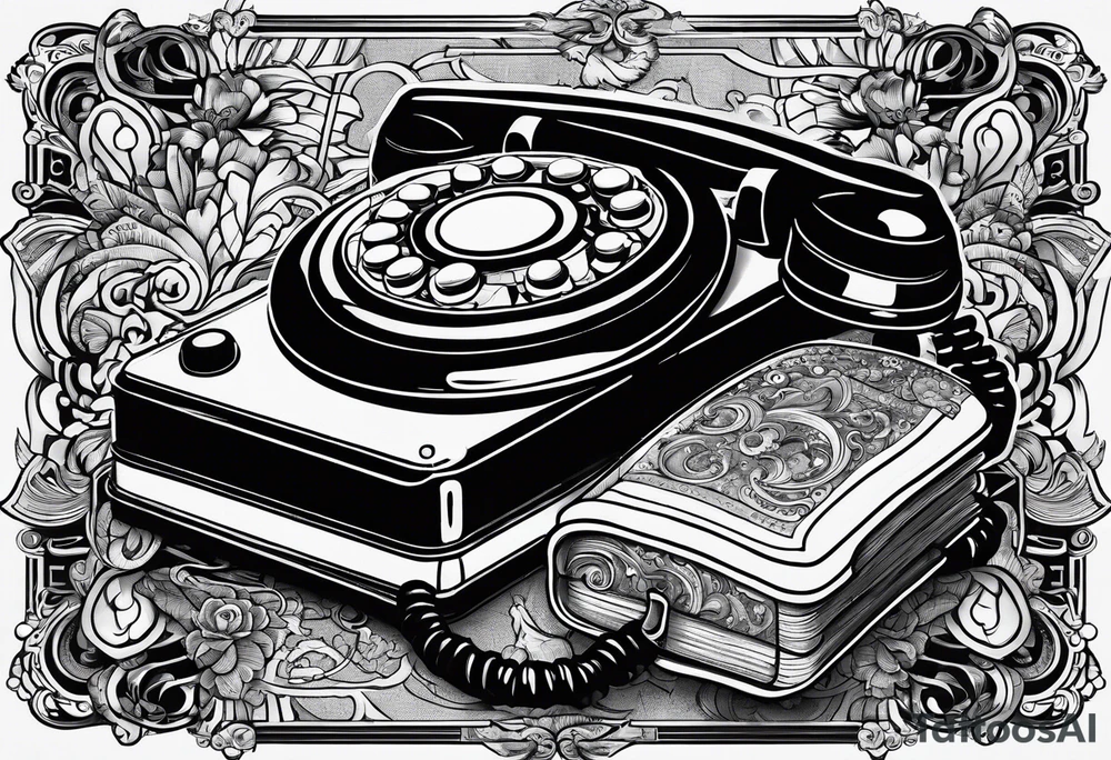 vintage theme phone, music, book tattoo idea