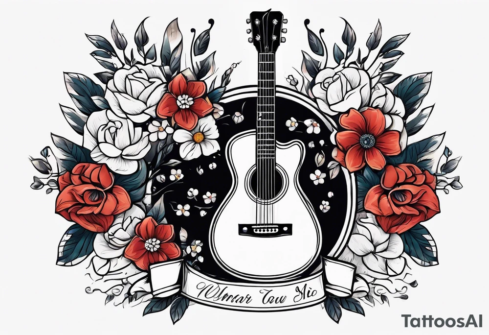 traditional vintage tattoo of guitar simple  flowers and banner tattoo idea