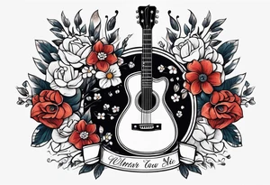 traditional vintage tattoo of guitar simple  flowers and banner tattoo idea