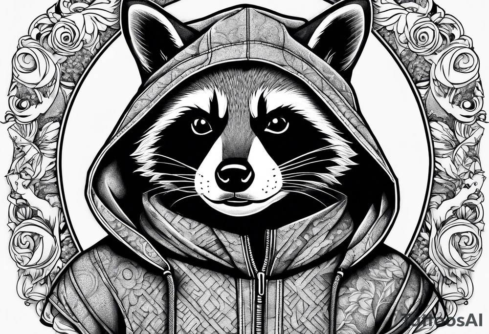 raccoon wearing a Superman hoodie tattoo idea