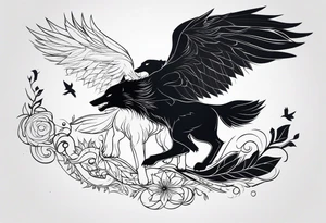 a wolf and a raven back to back facing opposite direction integrated into image tattoo idea