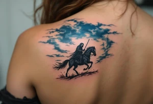 A full-back piece of a Grim Reaper riding a black horse under a stormy indigo sky. tattoo idea