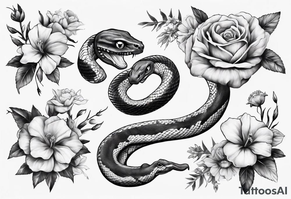 Snake wrapped around flowers tattoo idea