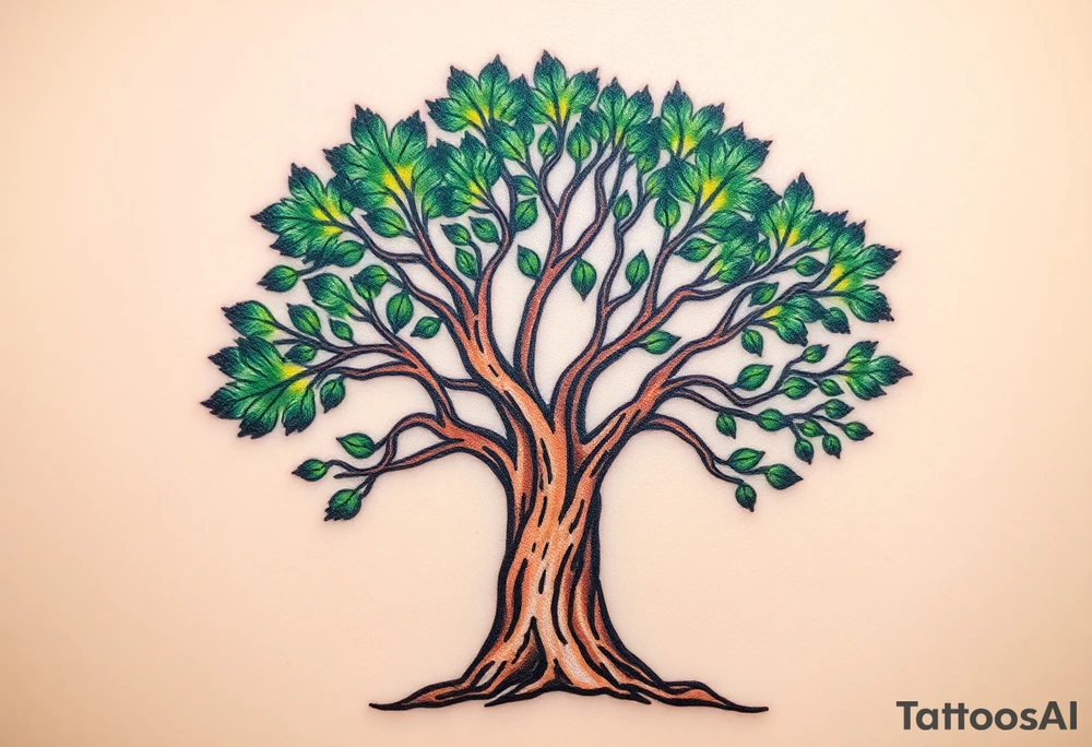 tattoo of a tree symbolizing the virtues of A tree could symbolize all of these qualities. Here's why:

Curious: A tree grows and seeks sunlight, representing the pursuit of knowledge and exploration.
Compassionate: The tree provides shelter and sustenance to those around it, offering support without asking for anything in return.
Earnest: The tree stands tall and strong, showing sincerity in its growth and its presence in the world.
Faithful: A tree remains rooted in one place, symbolizing faithfulness to its surroundings and purpose.
Generous: It gives fruits, shade, and oxygen freely, offering abundance to all who need it.
Honest: A tree is transparent in its existence—what it is is clear and simple, no hidden agendas.
Humorous: The shape of a tree, the rustling of its leaves, or even the way birds nest in it can bring lightness and joy, a reminder not to take life too seriously.
Just: A tree gives to all equally, regardless of who comes to it, showing fairness and impartiality.
Kind: The shade and shelter it offers to others in need reflect kindness.
Loyal: The tree endures harsh weather and seasons, symbolizing loyalty and resilience through time.
Magnanimous: The tree offers its beauty and resources without expecting anything in return, showcasing greatness of spirit.
Sincere: A tree is genuinely itself—there is no pretense, only natural existence.
Thoughtful: Its roots connect deeply with the earth, symbolizing deep thoughtfulness, and its branches reach out to others.
In this way, a tree encompasses all these virtues, standing as a reminder of how one can grow with strength and offer goodness to the world. tattoo idea
