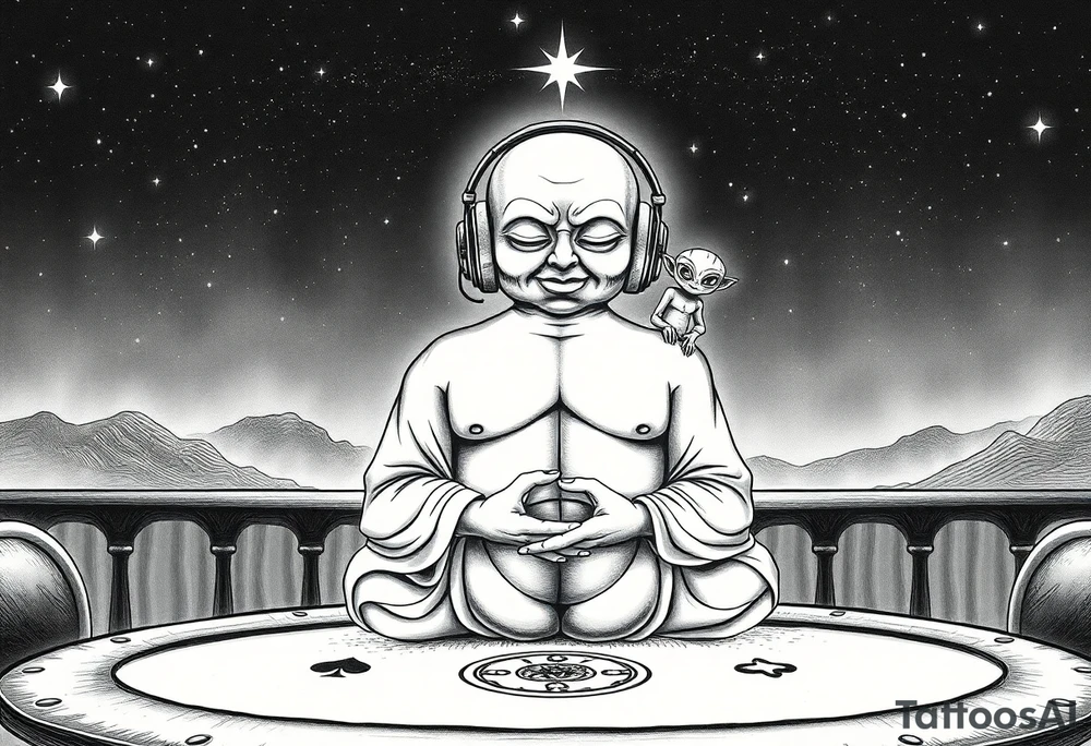 a dim celestial light shines over a curious wise chubby alien buddha who is wearing headphones and is calmly meditating on top of a texas hold'em table, and under a beautiful starry sky. There is a friendly alien sitting on his shoulder. tattoo idea