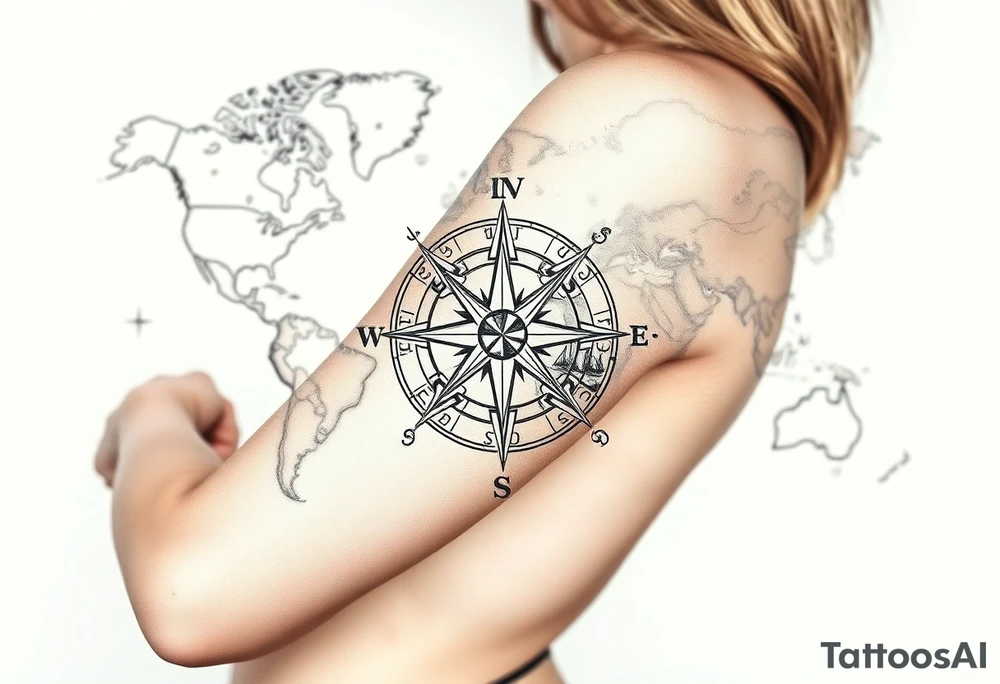 antique compass rose overlaid on weathered world map with sailing ships tattoo idea