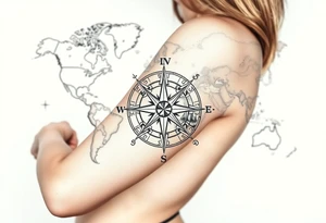 antique compass rose overlaid on weathered world map with sailing ships tattoo idea