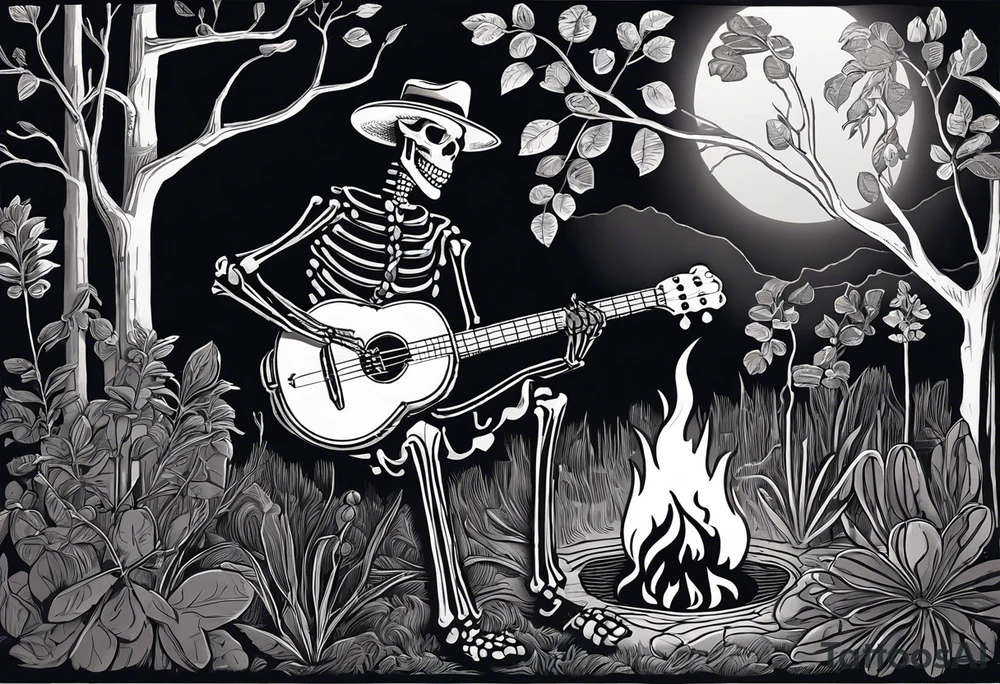 Foreground: The skeleton in a coal miner's hat, animatedly playing the banjo. The light from the campfire illuminates the skeleton and the nearby surroundings, casting intricate shadows.
Midground: The glowing campfire, with flames realistically designed in black and grey shades to emphasize movement and light.
Background: Subtle outlines and shading of rhododendron plants, giving a natural and dense feel to the woods. These can be stylized to blend seamlessly with the style of the tattoo.
Sky: A night sky speckled with stars, adding depth and a sense of time to the scene, with the stars providing a contrast against the dark sky. tattoo idea