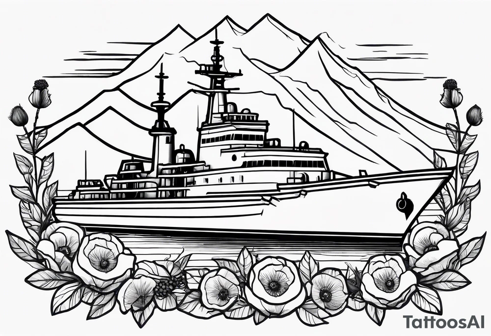 a small navy ship with mountains above it and poppy flowers below it tattoo idea