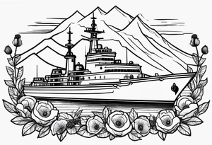 a small navy ship with mountains above it and poppy flowers below it tattoo idea