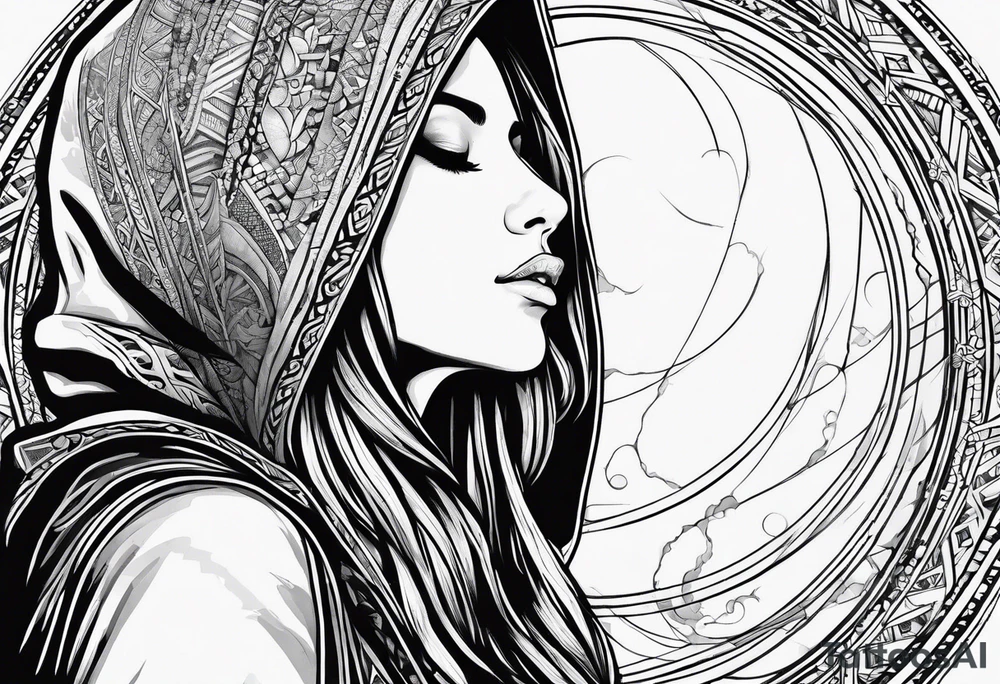 Woman with long hair in a hood in profile looking up and reaching for an orb with her left hand tattoo idea