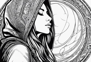 Woman with long hair in a hood in profile looking up and reaching for an orb with her left hand tattoo idea