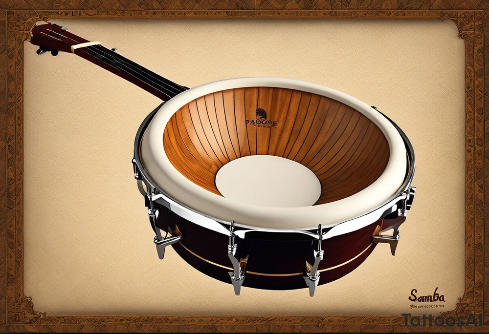 A pandeiro, a traditional Brazilian percussion instrument from pagode music, with the lyrics 'If anyone asks about me, tell them I went away' integrated into the design. The image should evoke a sense of freedom and wandering, as it represents my love for samba and my journey through different countries. The pandeiro should be the central element, with flowing musical notes surrounding it and the lyrics curving around in a handwritten style, all designed to fit as a leg tattoo. Preferably in black and white. tattoo idea
