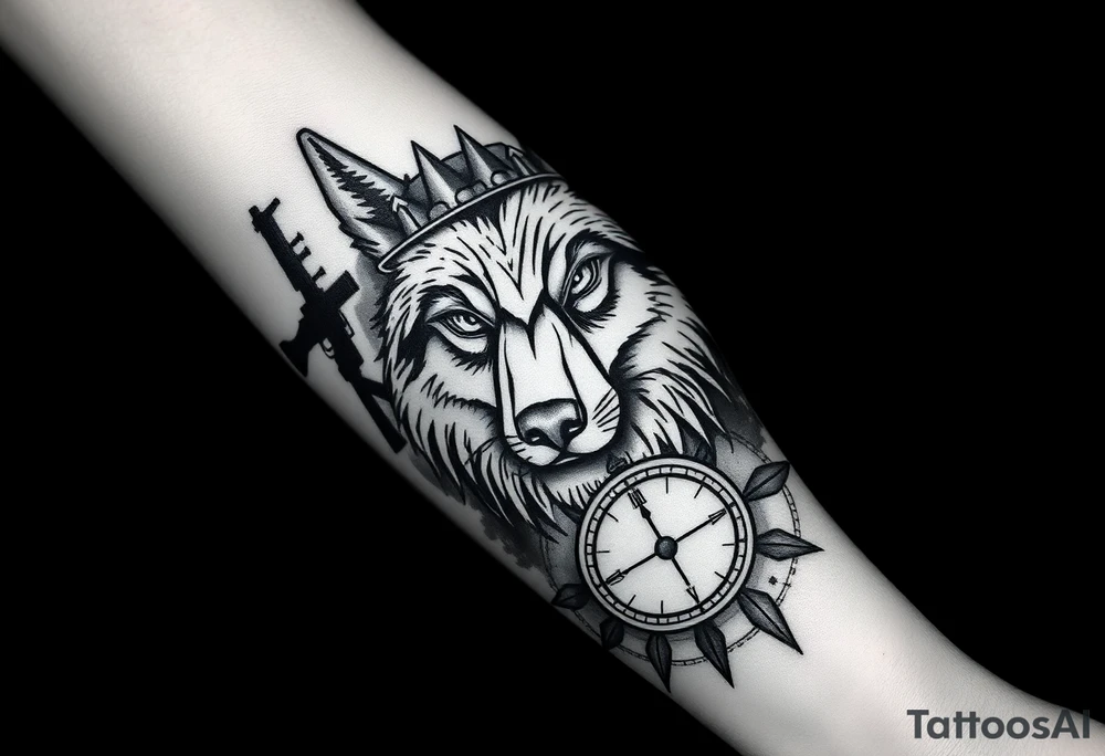 “A detailed black and gray tattoo design featuring a wise wolf head with intense eyes, surrounded by a broken crown, an antique pocket watch with Roman numerals, and a compass pointing north. Subtle AK-47 silhouette elements are blended in the background as a symbolic shadow, not aggressive. Realistic style, fine lines, deep shading, placed on the inner forearm.” tattoo idea