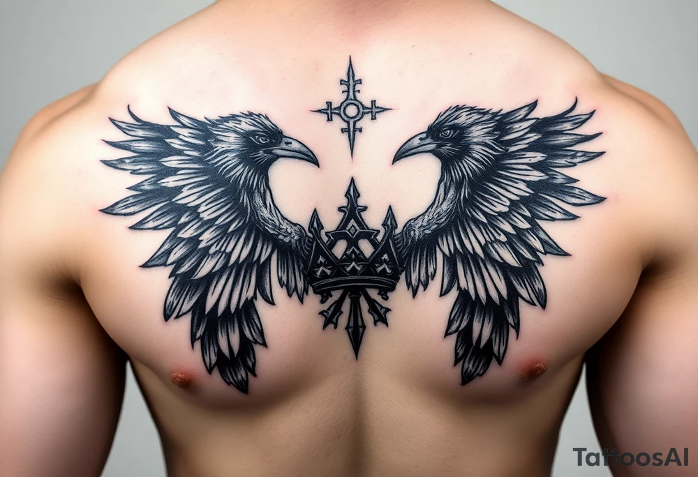 Chest tattoo, two ravens and icelandic symbols, dark brest tattoo, crown betwen ravens tattoo idea