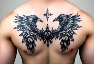 Chest tattoo, two ravens and icelandic symbols, dark brest tattoo, crown betwen ravens tattoo idea