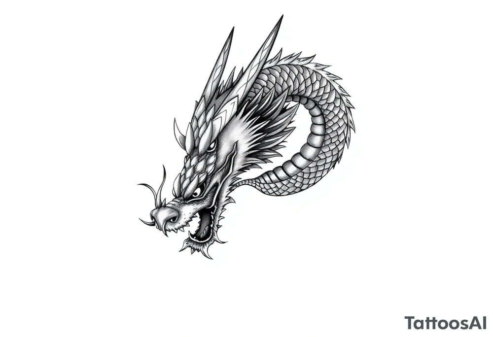 Create a detailed black-and-gray dragon tattoo design covering the hand and forearm. The design should include intricate scales, fierce eyes, and a bold, flowing style. The dragon’s head should start at the hand, with its body coiling up the forearm. Ensure the shading is rich and dynamic, emphasizing depth and texture, with traditional Asian tattoo art influences tattoo idea