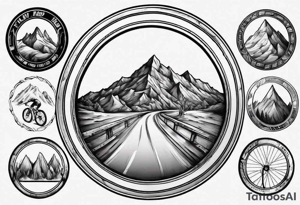 road cycle front wheel drawn as a gym plate with a mountain in the middle tattoo idea